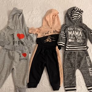 3-6 month track suit hooded sets. Sweatshirt and sweatpants sets. Cute sayings